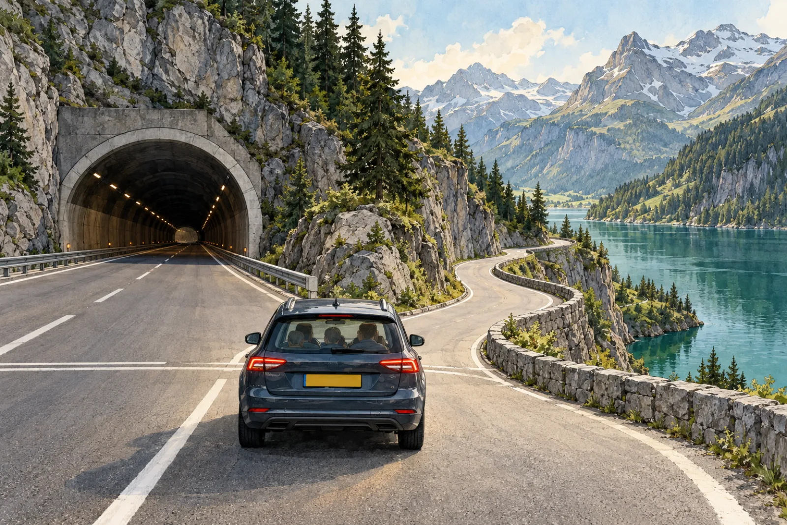 Auto voor een splitsing tussen de snelwegtunnel links en de oude pasweg langs een Zwitsers bergmeer rechts